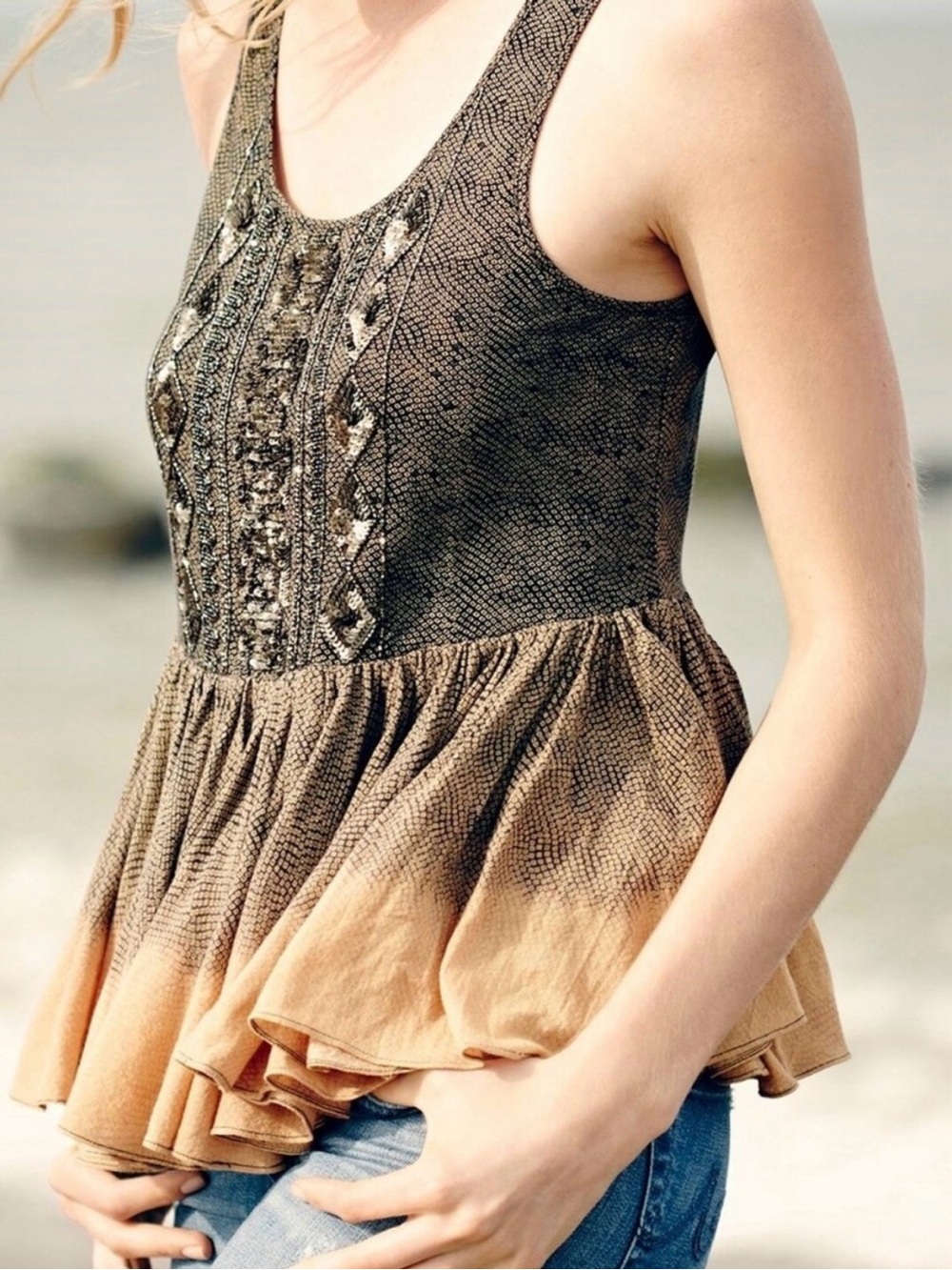 Anthropologie Embroidered Ombre Peplum Tank Top in Brown and Cream